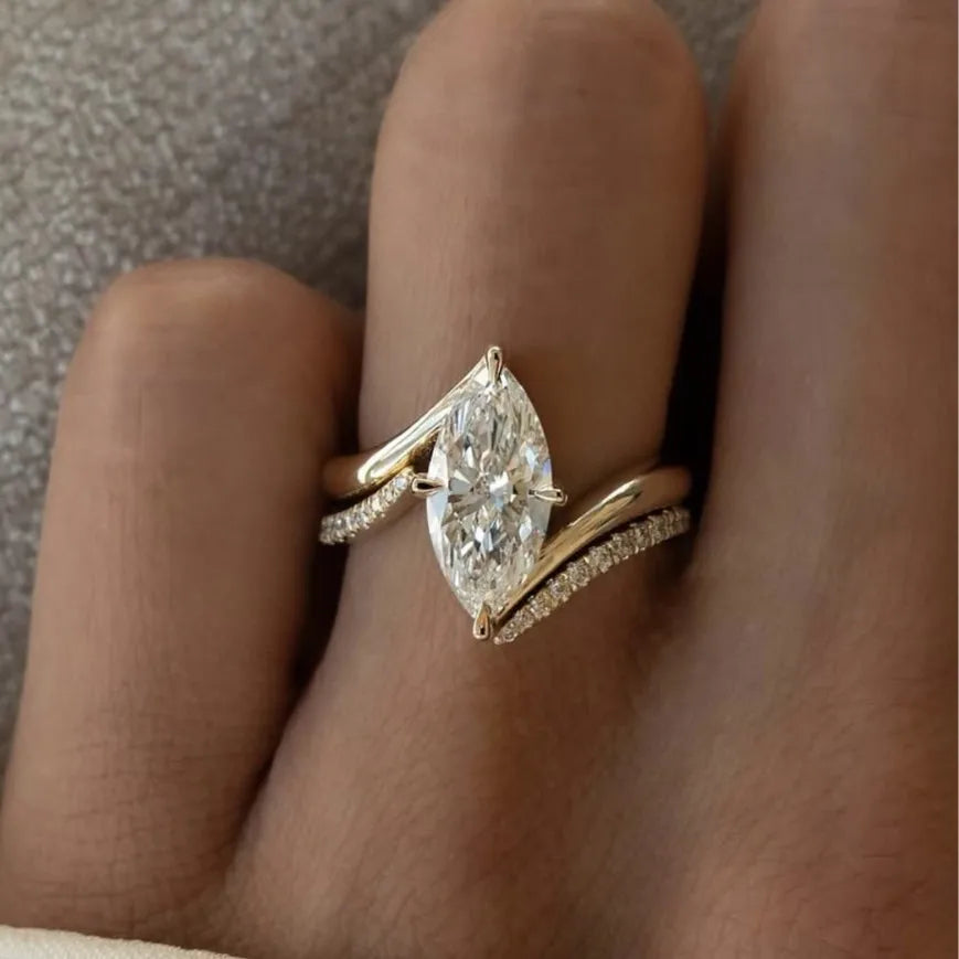 OEVAS 3CT Marquise Cut Moissanite Two Rings 100% S925 Silver Double row Ring for Women Wedding Party Fine Jewelry